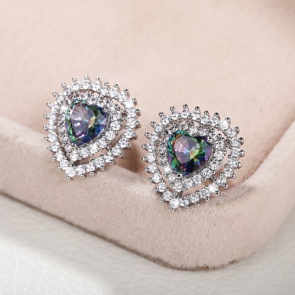 "💎Hollow Double Heart Colorful Zircon Inlaid Heart Earrings  Women, INDN8611 - Picture 3 of 4